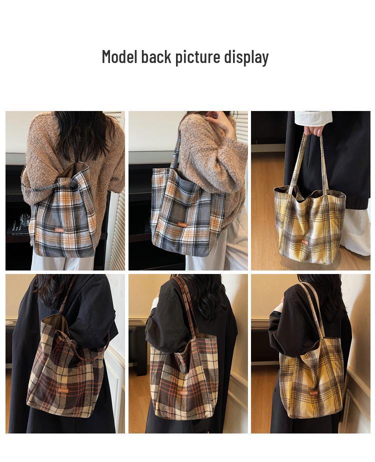 Korean Style Large Capacity Plaid Canvas Shoulder Bag for Women - Autumn/Winter 2025 Casual College Commute Tote
