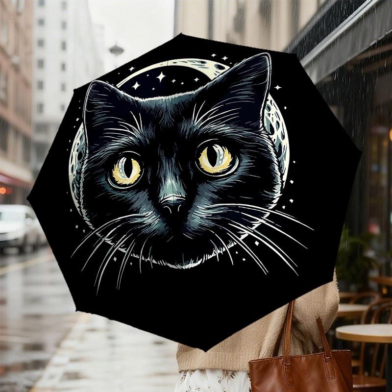 Starry Night Cat Moonlight Adventure Umbrella: Automatic Opening & Closing, Outdoor Travel Companion, Lightweight and Durable