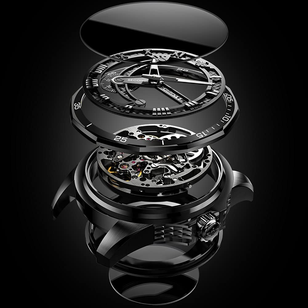 Skelettierte mechanische Automatik-Luxusuhr, Skelett, 50 m wasserdicht, Saphirglas, Wolframband, leuchtend, schwarz, Uhr für Herren