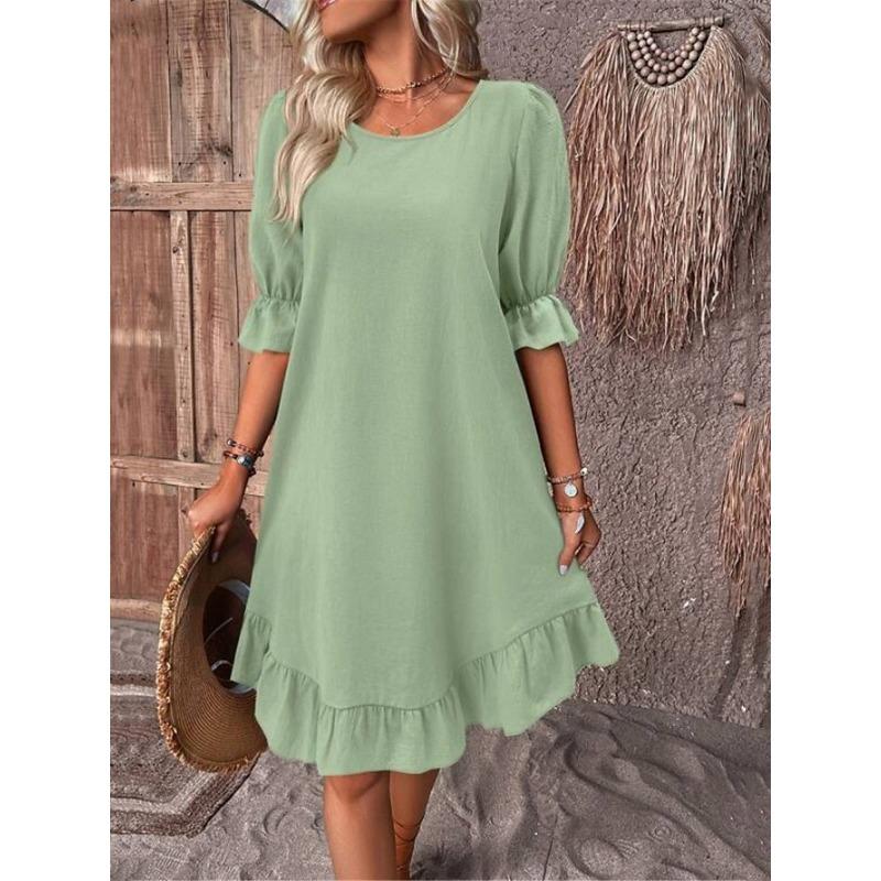 Frühling Sommer Retro Rundhals Kurzarm Damenkleid Mode Elegnt Einfarbig Locker A-Linie Partykleider Lässig Schlicht Rüschen Bürokleidung