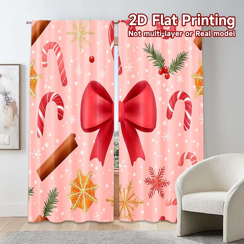 Modern Curtains Christmas Bows Candy Cane Ornaments Print Polyester Gifts Ldeal Kitchen Set Of 2 Made Decor