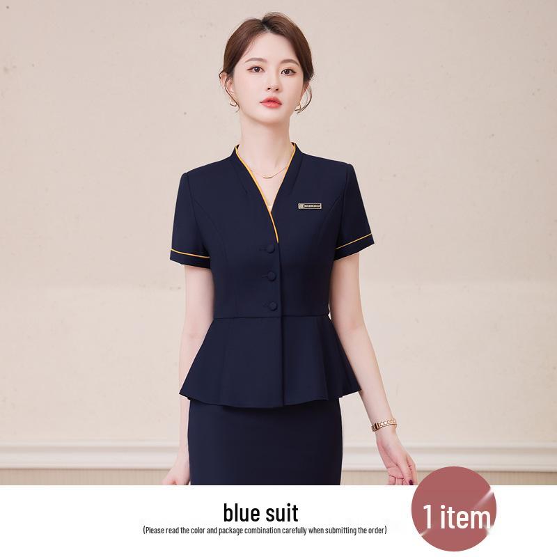 Women's 2025 Summer Collarless Short Sleeve Suit Set for Professional Jewelry Store/Hotel Reception Staff