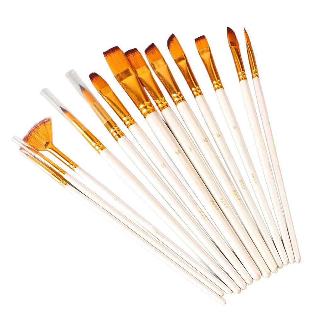 13PCS Artist Paint Brush Set Pearl White Bicolor Nylon Bristles Long Handle Oil Acrylic Paint Brush Watercolor Brush Set