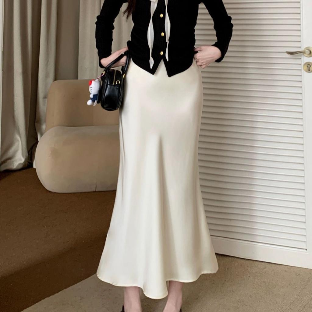 Damen Frühling Sommer Hochtaillierter Schlankmachender Midilanger Satin Bodycon Meerjungfrauen Saum Langer Rock mit Fließendem Stoff