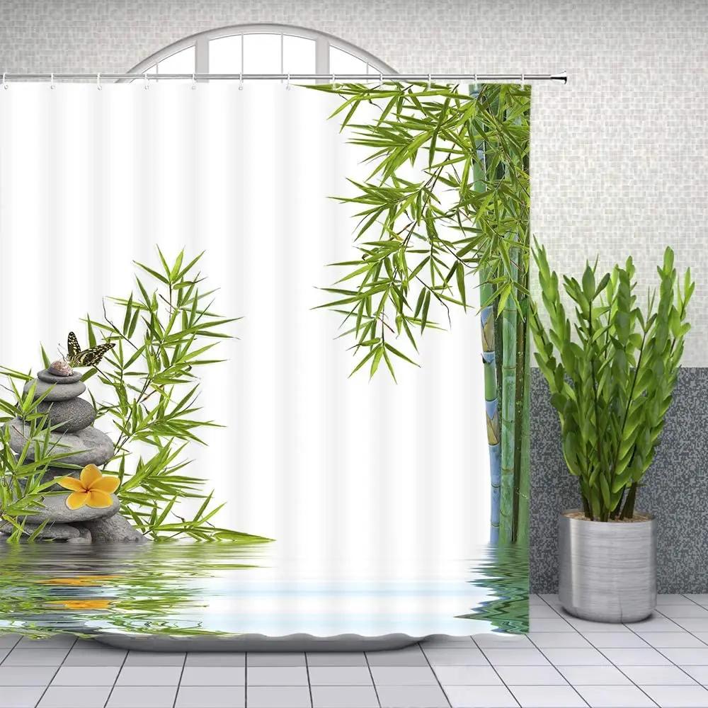 Green Bamboo Zen Stone Shower Curtains Lotus Flowing Water Zen Landscape Shower Curtain Home Bathroom Decoration Set with Hooks