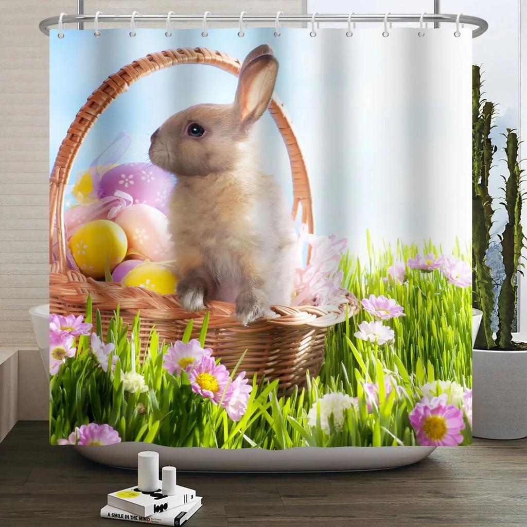 Spring Easter Shower Curtain Happy Rabbit Bunny Eggs Flower Garden Floral Holiday Waterproof Bathroom Shower Curtain With Hooks