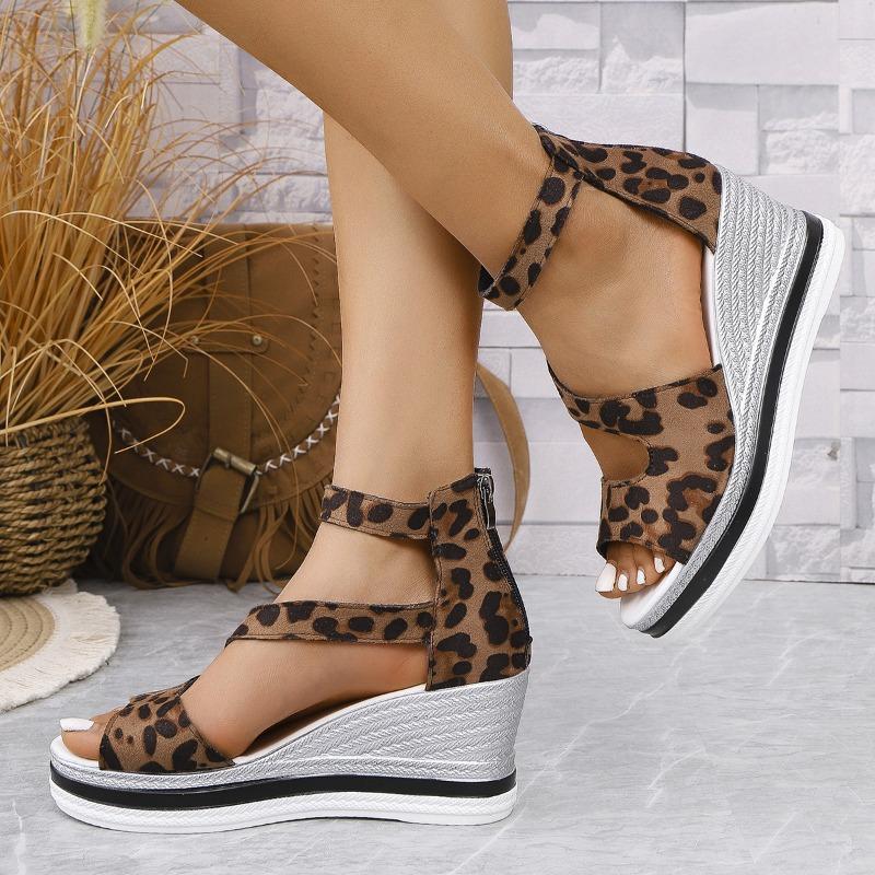 Women's Comfortable High Heel Summer Sandals - Leopard Print, Open Toe, Side Cut-Out Design with Ankle Strap & Zipper Closure, Brown & White Strappy