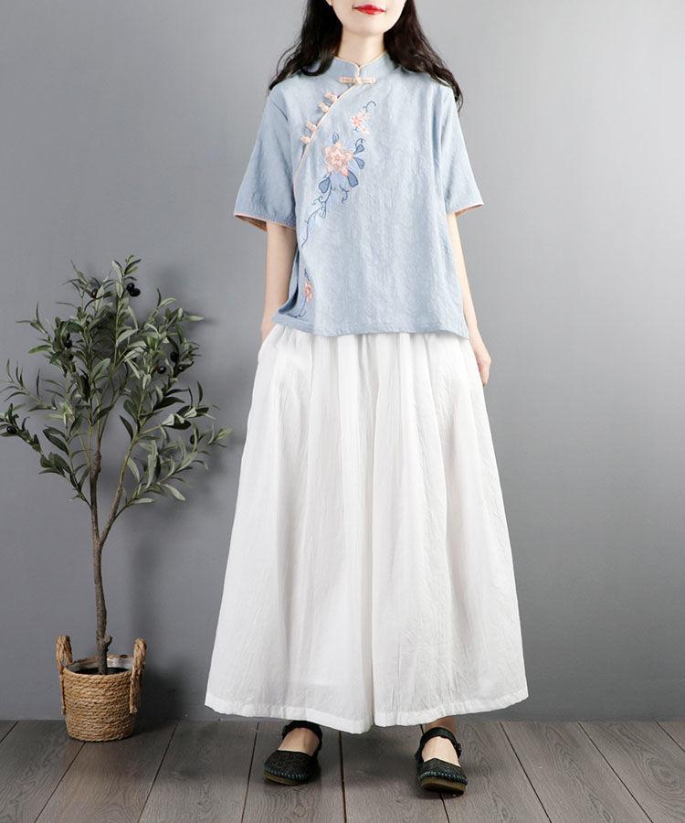 Women's Summer Zen Style Cotton Linen Cheongsam Top - Short Sleeve Embroidered Chinese Buttoned Shirt