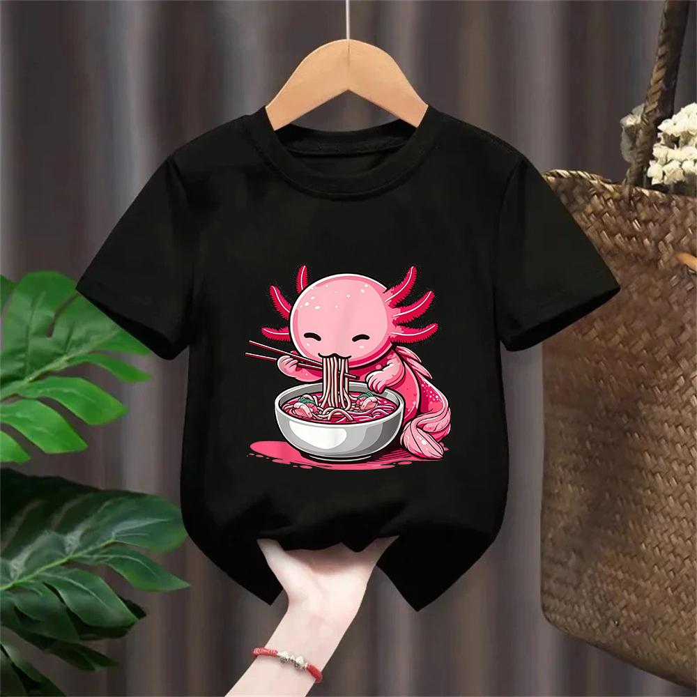 Anime Kawaii Axolotl Eating Ramen Noodles Kids Teen Girl Boy TShirt Cute Artwork Axolotl Lover Graphic Top Japanese Cartoon Tee