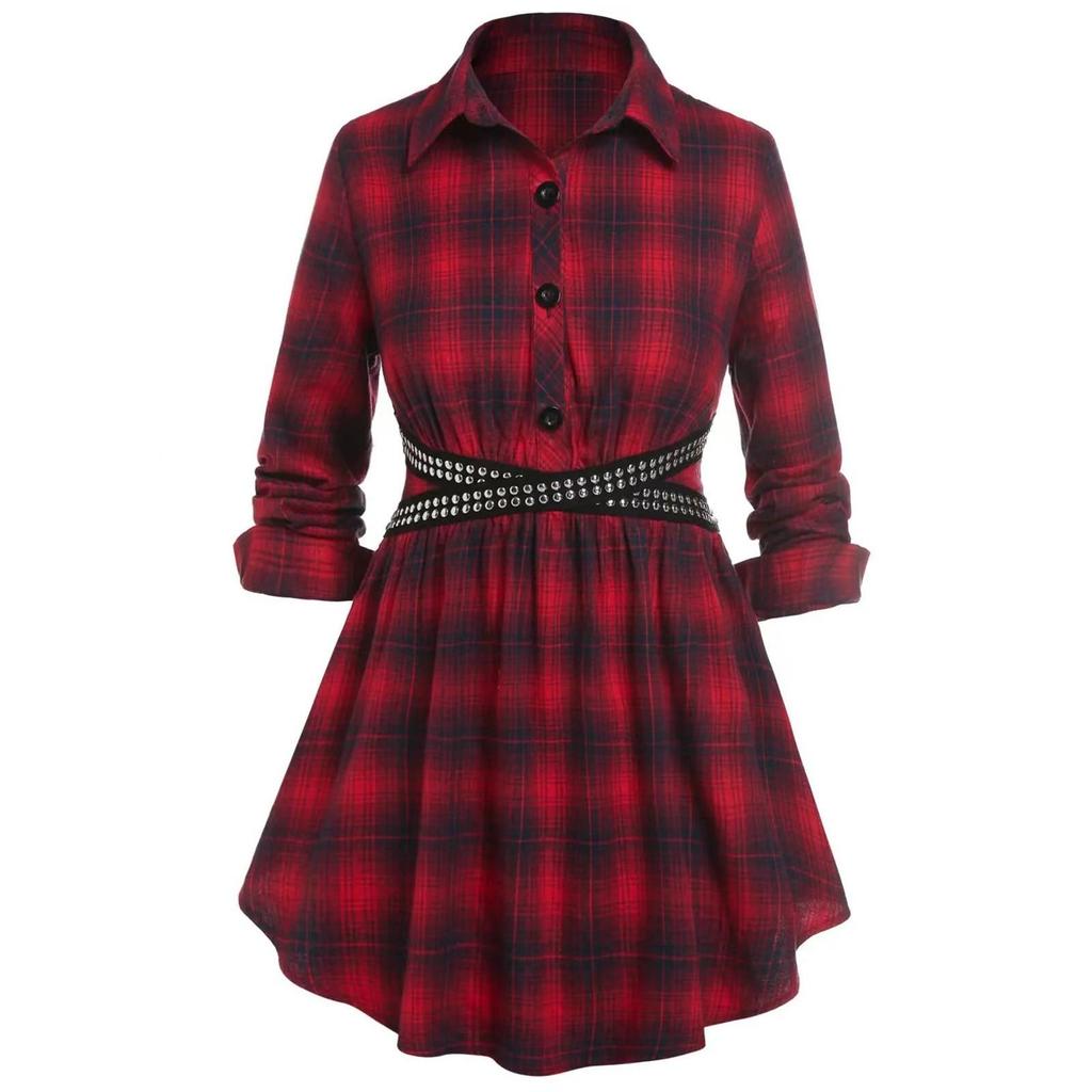 Women Fashion Casual Plaid Printed Long Sleeve Mid Length Belted Lapel Lace Dress