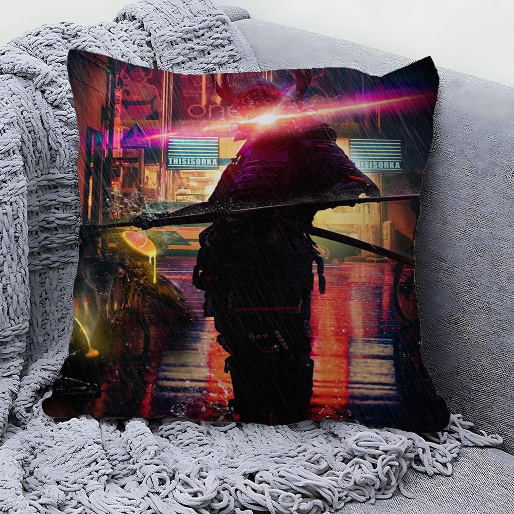 Japan Neon Punk City Samurai Pillow Cover Design Cushion Cover Decor Holiday Decorati