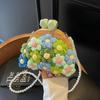 Retro Wooden Clip Purse Handbag Fashion Crochet Bag For Women Trend Simulation Pearl Chain Crossbody Bag Lady Knitting Handbag Purse
