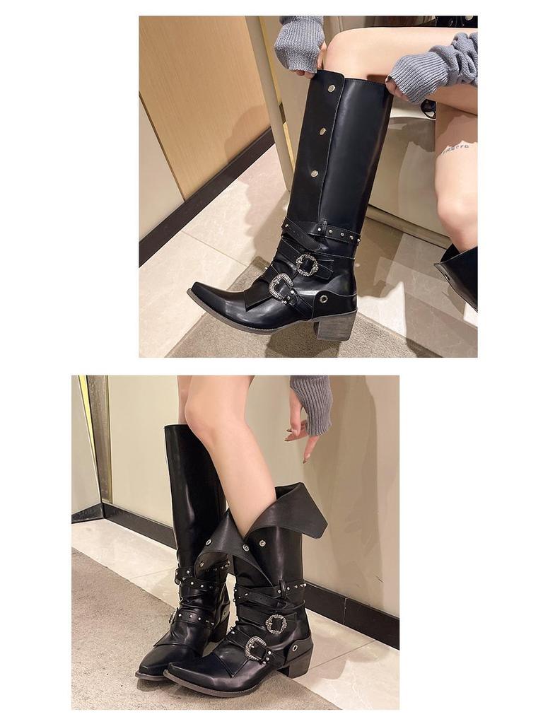 American Retro Rivet Knight Boots - Black Punk Over-the-Knee for Petite Women