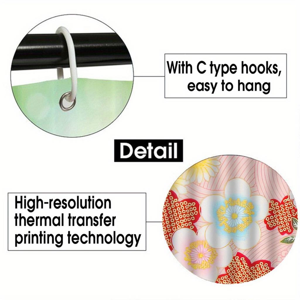 Japanese pattern 4pcs shower curtain set with 12 hooks --shower curtain, bath mat, toilet seat cover and U-shaped rug