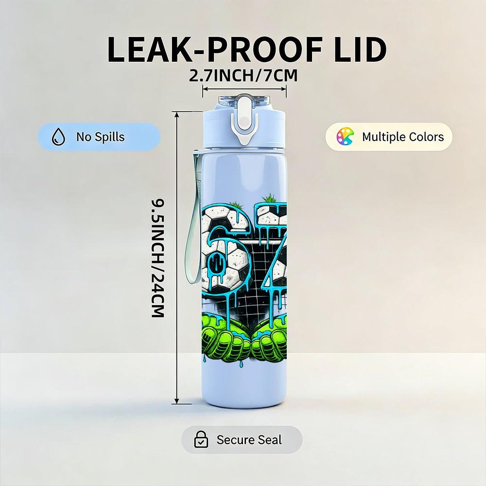1PC 677 Soccer Green Leaf Badge Print 750ml Color Plastic Sports Water Bottle Leakproof Flip Straw Lid Suitable for Sports Office Home Use