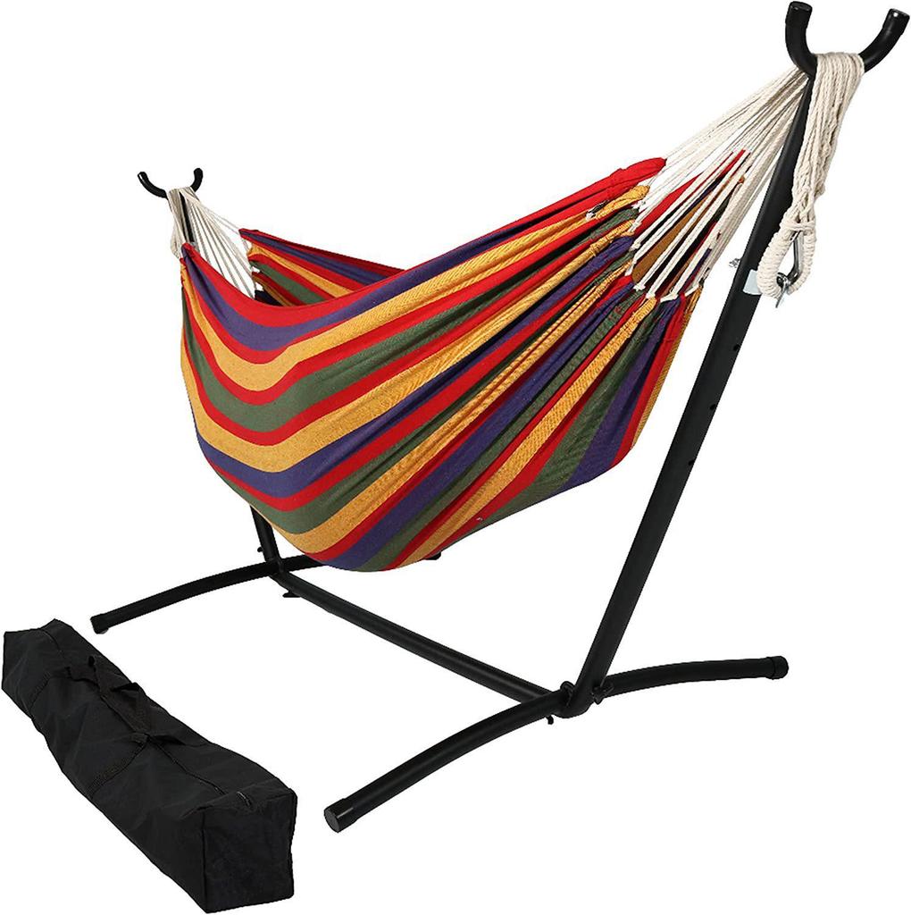 Double Horn Outdoor Camping Canvas Hammock with Iron Frame Stand
