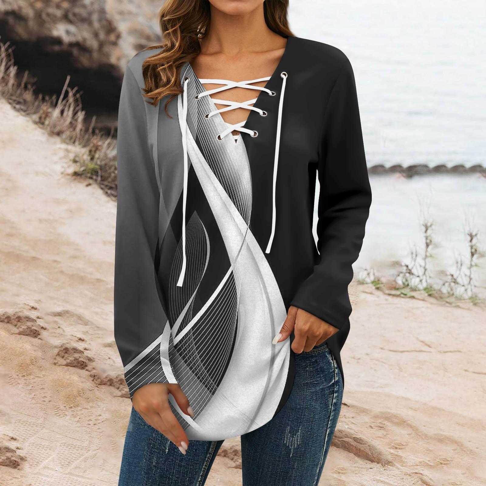 

Женский топ с V-образным вырезом, длинными рукавами и принтом XXXL чёрный