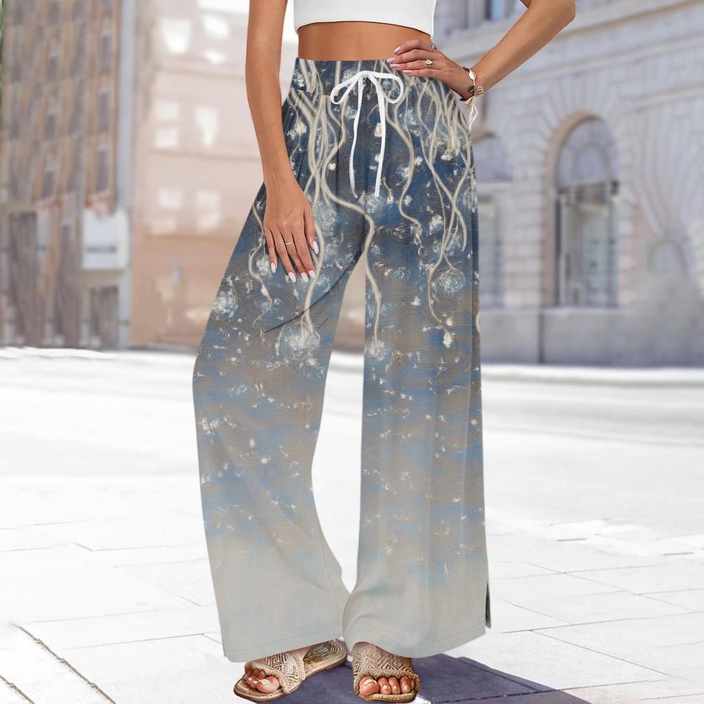 Pantaloni da donna stampati a gamba larga con tasche, vita alta con coulisse, pantaloni casual larghi