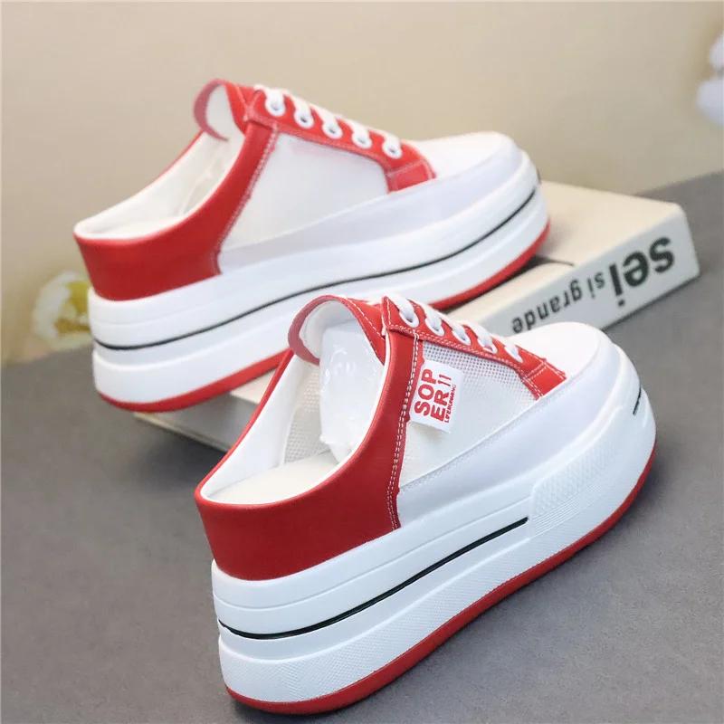 Fashion 8CM Women Summer Shoes Slippers White Genuine Leather Air Mesh Breathable Platform Wedge Heel Mules Shoes Chunky Footwear