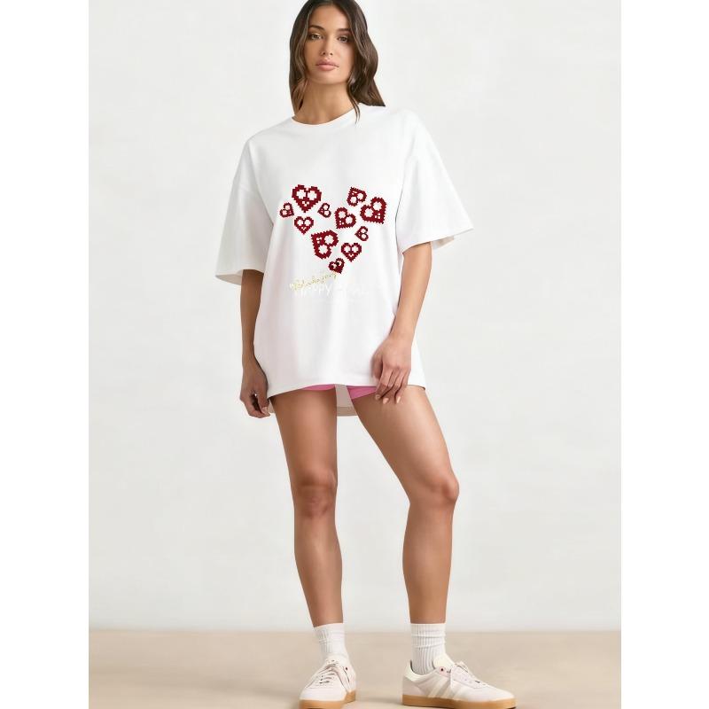 

Oversized T Shirt Black Pixel Heart Pattern Happy Heart Text Print Casual Streetwear Fashion Women Summer Top XXXXL білий