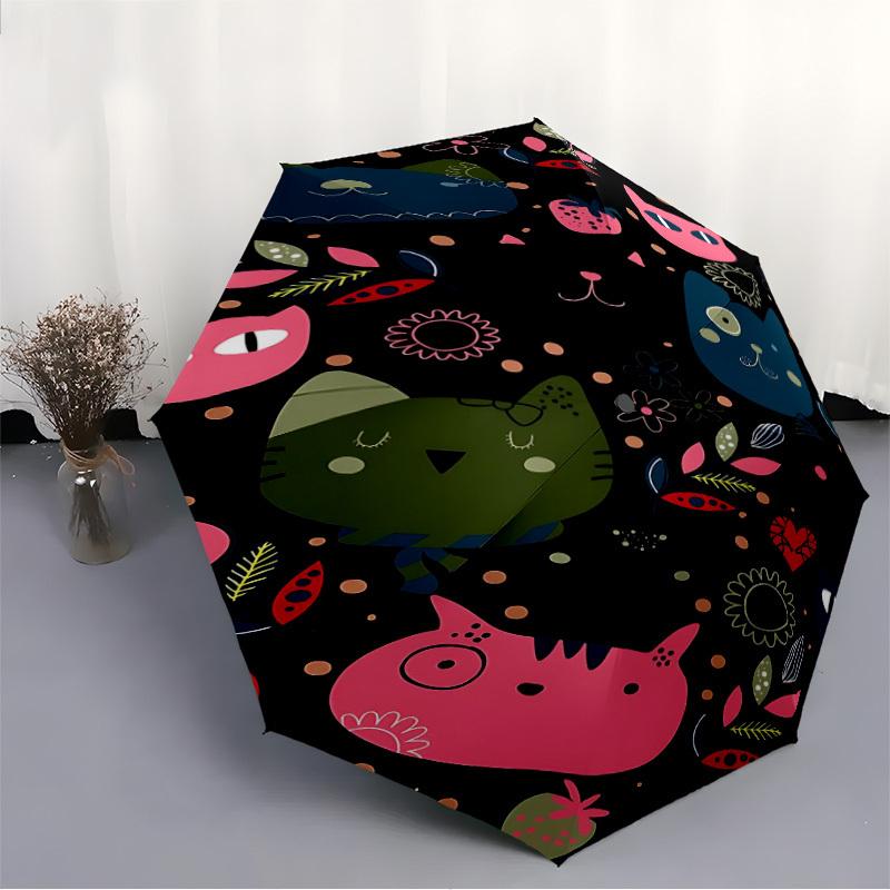 1pc Cats Flowers Automatic Folding Umbrella, 8-Rib Durable Iron Frame, Compact Travel Umbrella for Women & Men 054