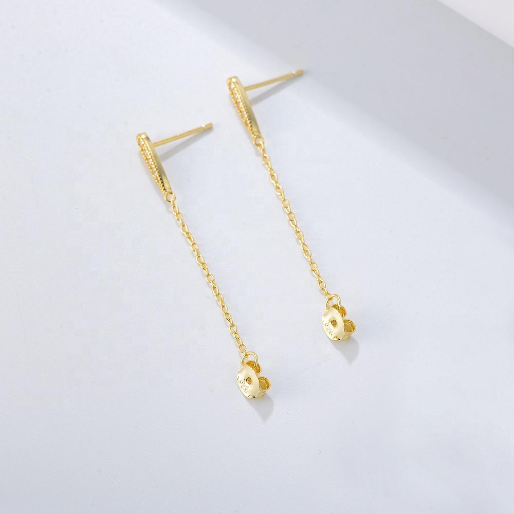 925 Sterling Silver 14k Gold Plated Stud Geometry Chain Connected Cz Fine Tassel Earrings