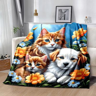 1pc Cats and Dogs Printing Lightweight Flannel Blanket, Comfortable and Warm Blanket, for Camping Sofa Bed and Couch Office, In All Seasons