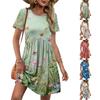 Damen Kurzarm Blumenprint Kleid Lässig Rundhals Taillenband Tasche Sommer Lockerer Schnitt Minikleid