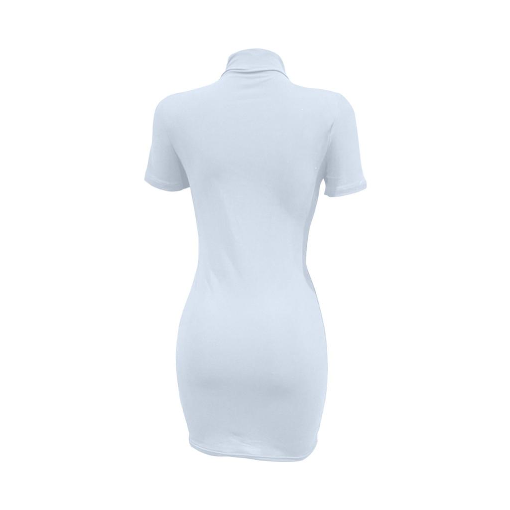 Fashion Color High Collar Short Sleeves Slim Fit Versatile Temperament Short Slim Dress