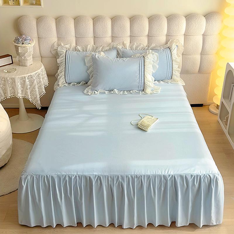 INS Girls Blue Bedding Sets Solid Color Ruffles Lace Kawaii Soft Bed Skirt Sheet Woman Duvet Cover Pillow Covers Quilt Cover