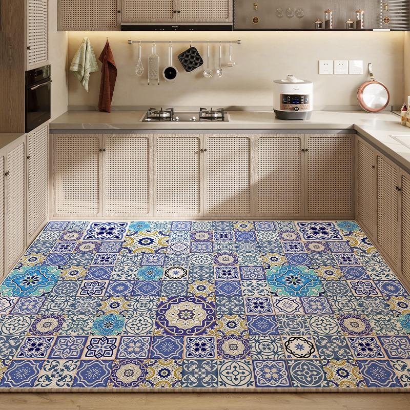 Rug for Kitchen Waterproof Floor Mat Pvc Leather Non-slip Carpet Large Blue Carpets Retro Classic Pattern Home Decoration Rugs