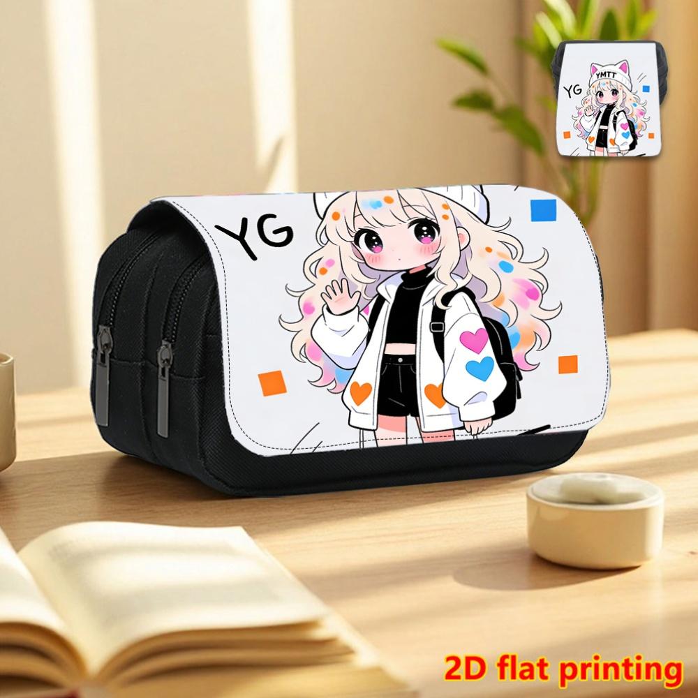1pc Cat Ear Hair Girl 2D Flat Printing Double-Layer Flip Black Pencil Case Back to School Essential Pencil Box, Daily Multifunctional Makeup Bag, Larg