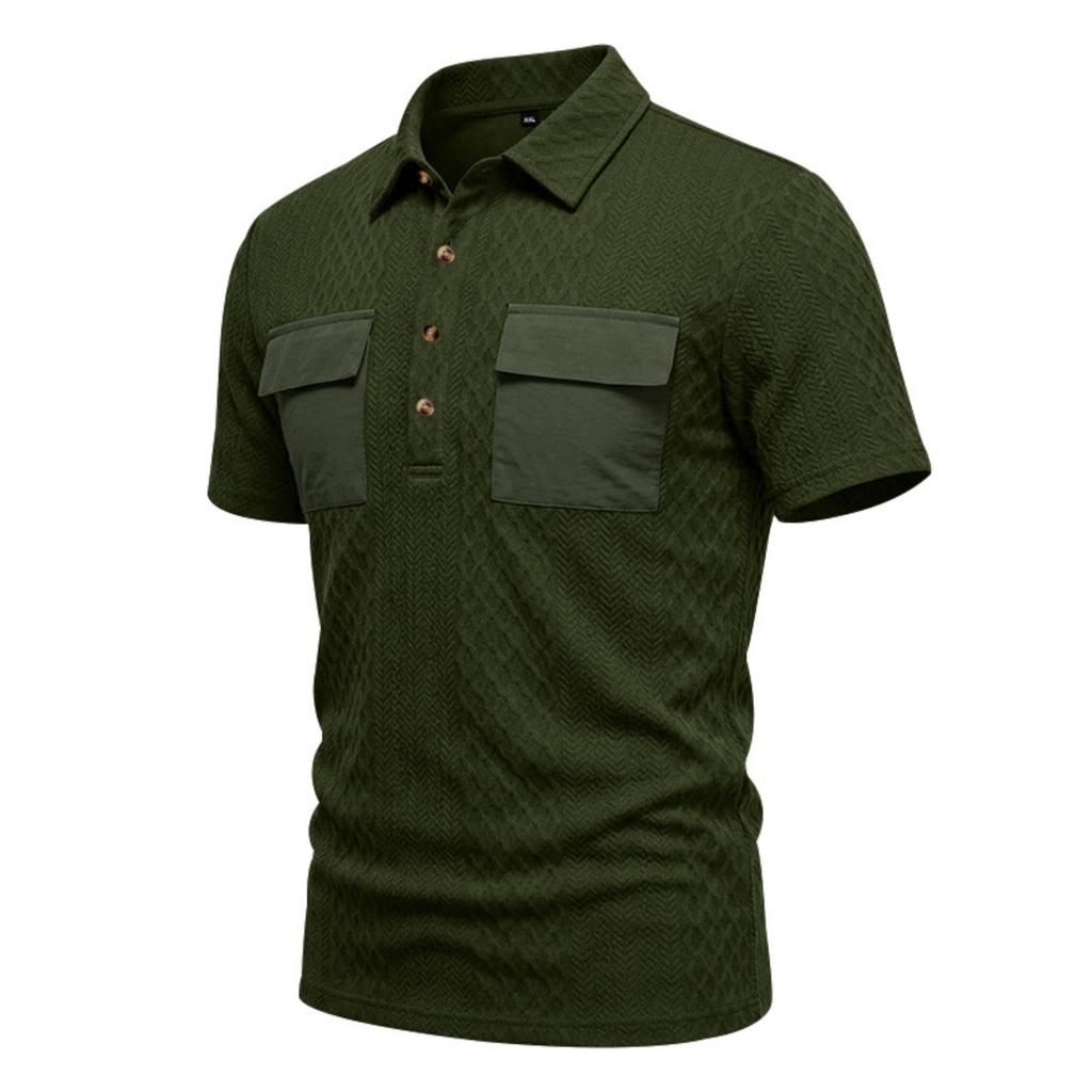 Men Heavyweight Loose Fit Jacquard Polo Shirt Workwear Multi Pocket Casual Short Sleeve Outdoor Shirt with Contrast Details
