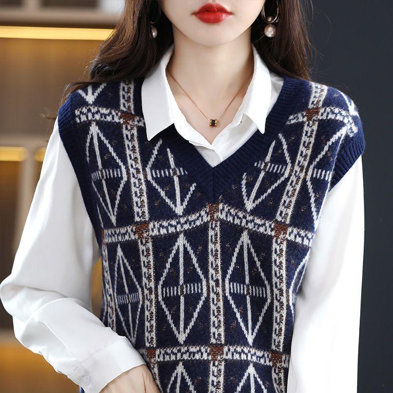 Vintage Wool Knitted Sweater Pullover Tank Women Folded Vest Diamond Plaid V-Neck Sleeveless Sweater Pullover Vest Female Tops