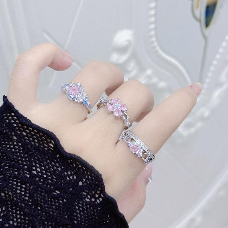 Sweet Enamel Dripping Oil Pink Full Diamond Zir*****Pen Ring Exquisite Niche High Sense Stacked Fashion Ring Woman