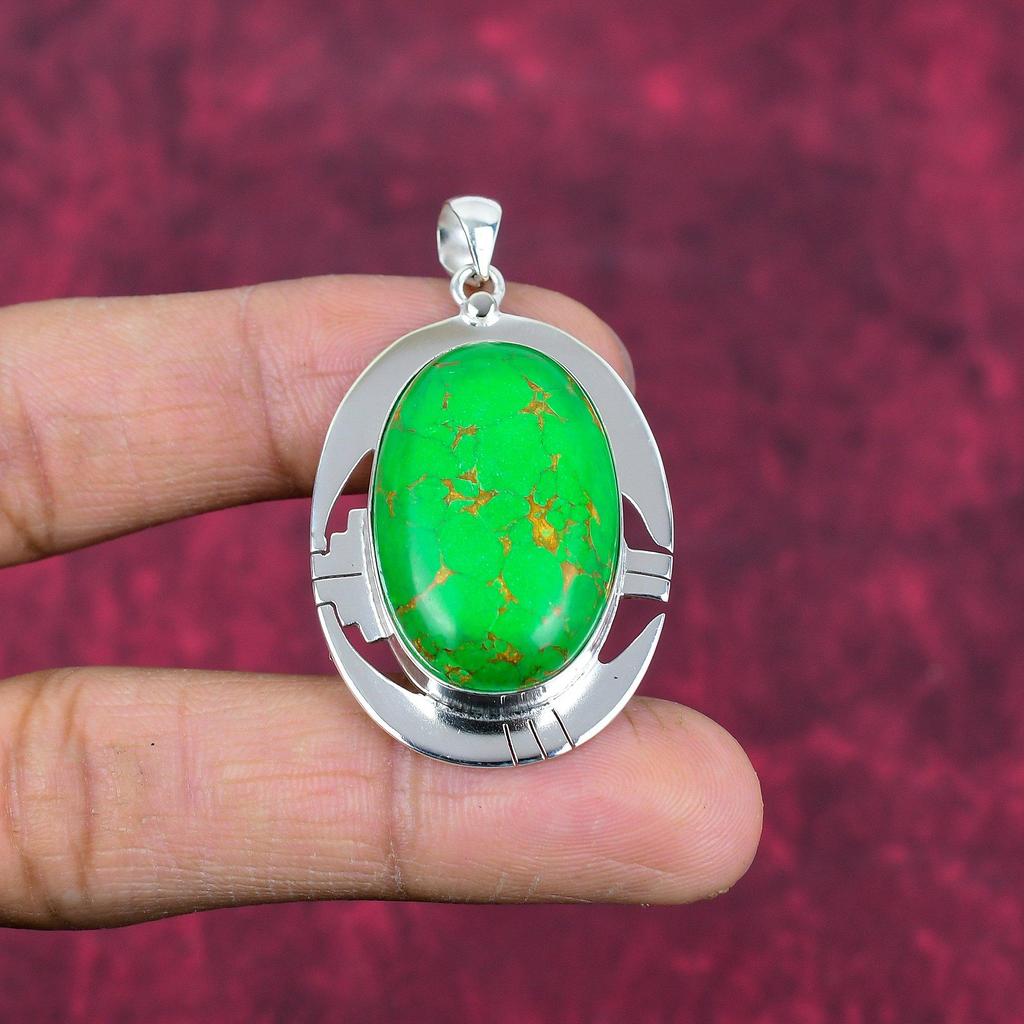 Green Copper Turquoise Pendant, 925 Sterling Silver Pendant Gemstone Jewelry, Handmade Pendant Amazing Jewelry, Gift For Her