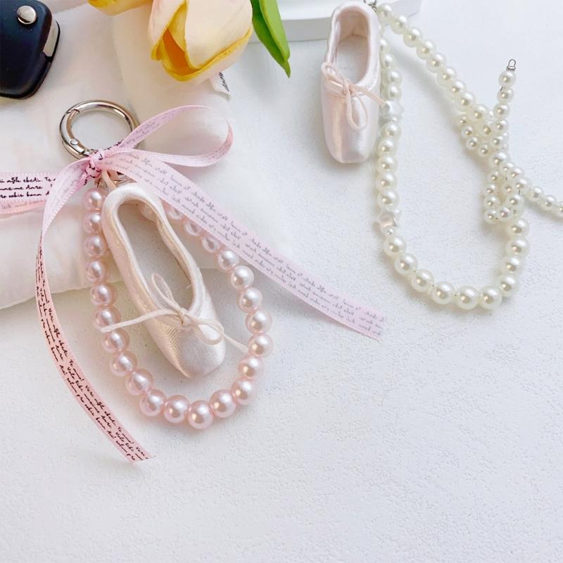 Fashionable Ballet Shoe Keychain Charm with Pearls Ribbon Designs Lovely and Stylish Accessory Portable for Girls