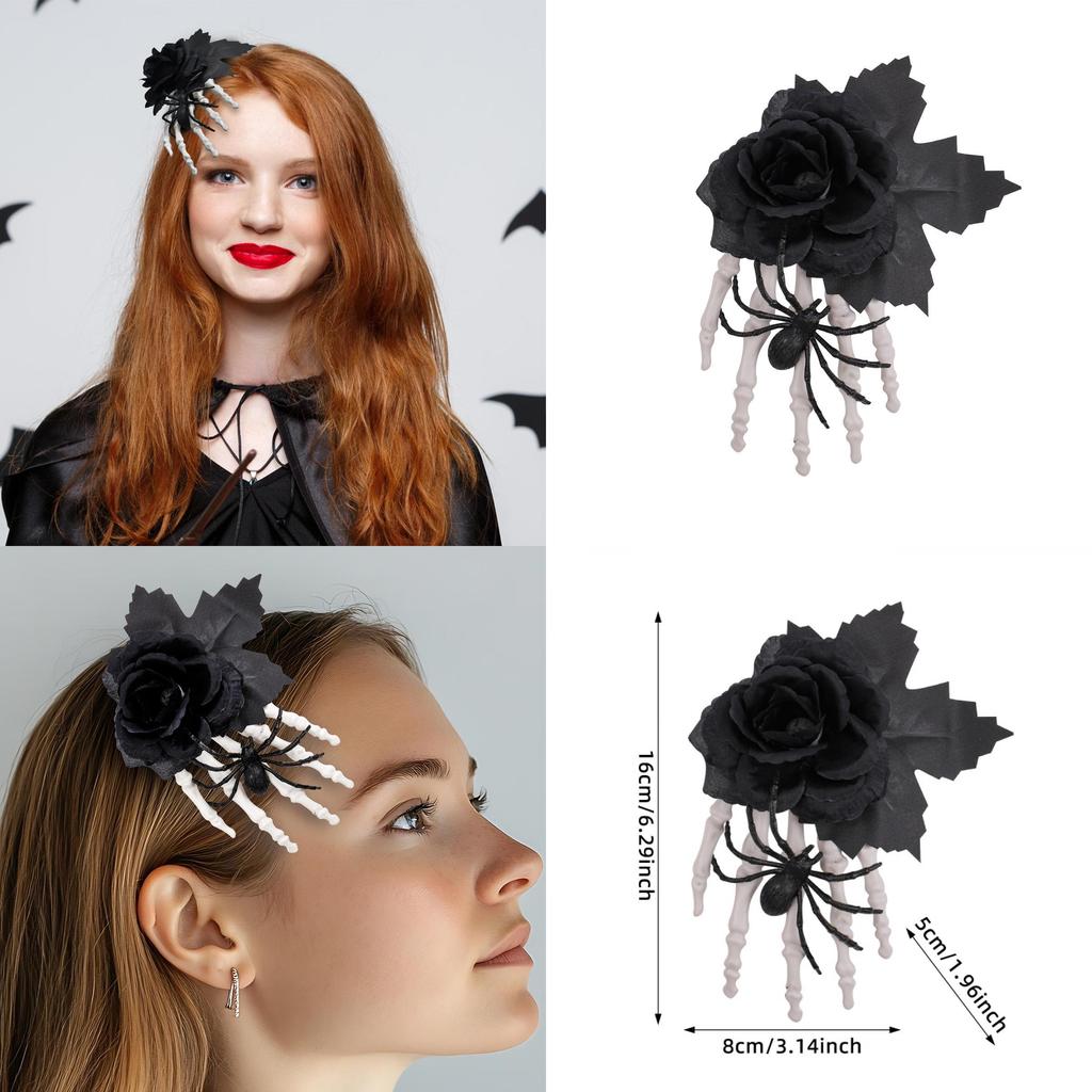 Halloween Black Rose Skull Claw Hair Clip With Spooky Spider For Costume Accessories
