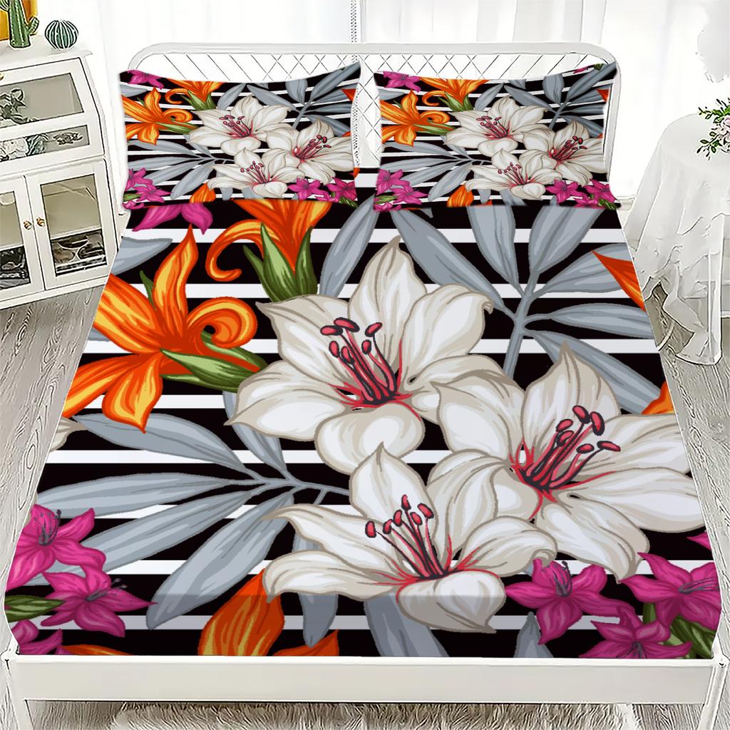 3pcs Fitted Sheet Set Black And White Stripes With Pinecones And Poinsettias Bed Sheet With Pillowcases For Bedroom Decor