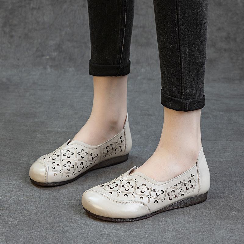The first layer of cowhide new hollow women's single shoes retro flat heel soft sole non-slip one pedal breathable hole women cool