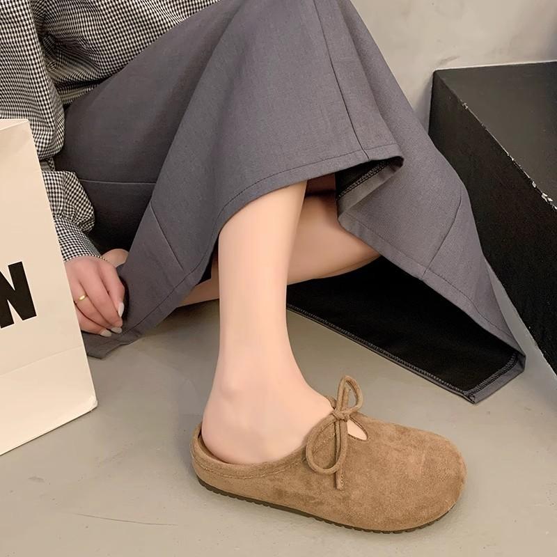 Retro versatile flat-bottomed bag head slippers women's spring new bow one-pedal soft-soled half slippers