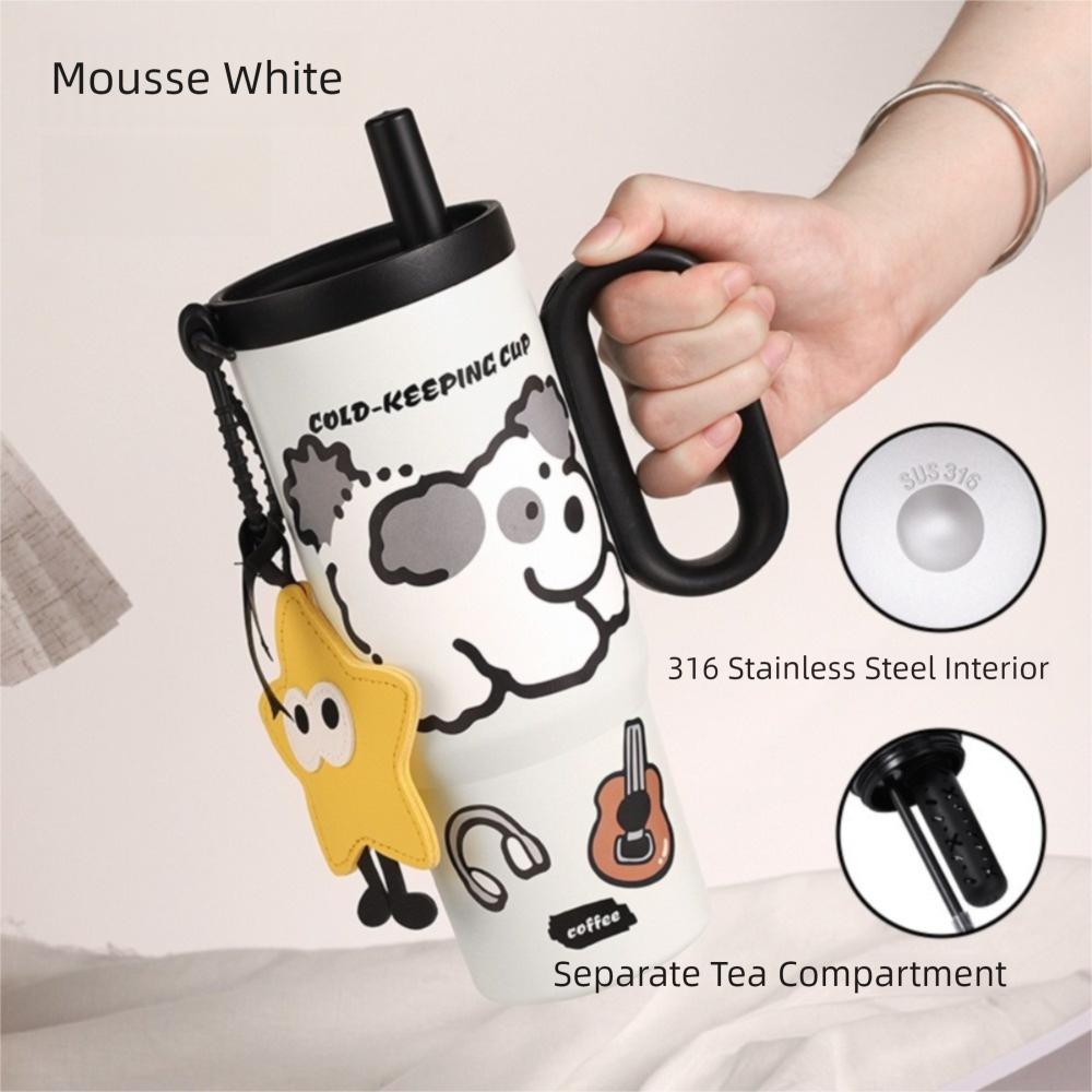 

Милая вакуумная кружка 720 мл из нержавеющей стали с мультяшной наклейкой и соломинкой, с ручкой, большой емкости, кофейная кружка для женщин и девушек белый