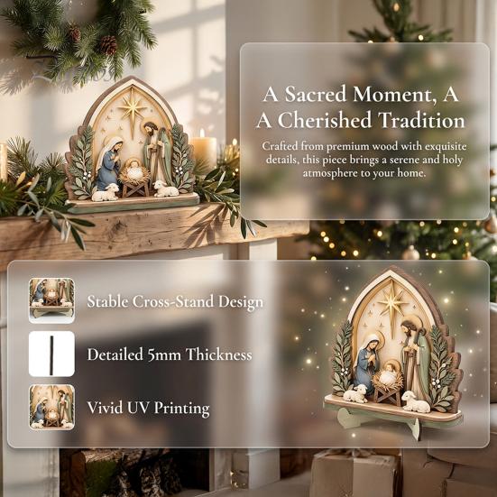 Durable Wood Nativity Set Scene Wooden Tabletop Sign, Christmas Manger Holy Family Figurine Decor, for Table Decor Religious Xmas Desktop Ornament,