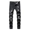 Men Jeans Ripped Holes Slim Fit Soft Breathable Button Zipper Closure Mid Waist Color Matching Hip Hop Streetwear Men Long Pants