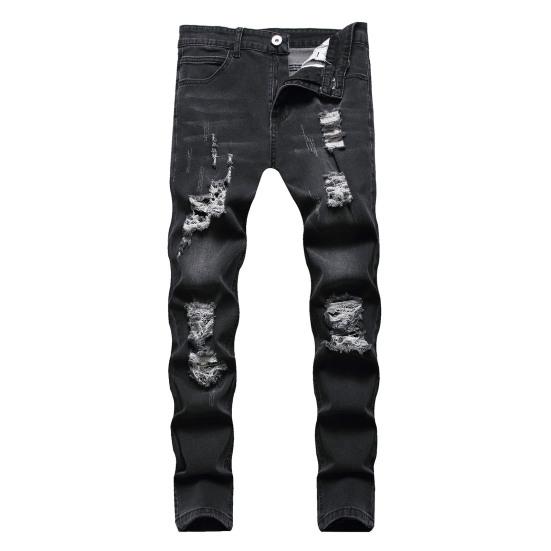 Men Jeans Ripped Holes Slim Fit Soft Breathable Button Zipper Closure Mid Waist Color Matching Hip Hop Streetwear Men Long Pants
