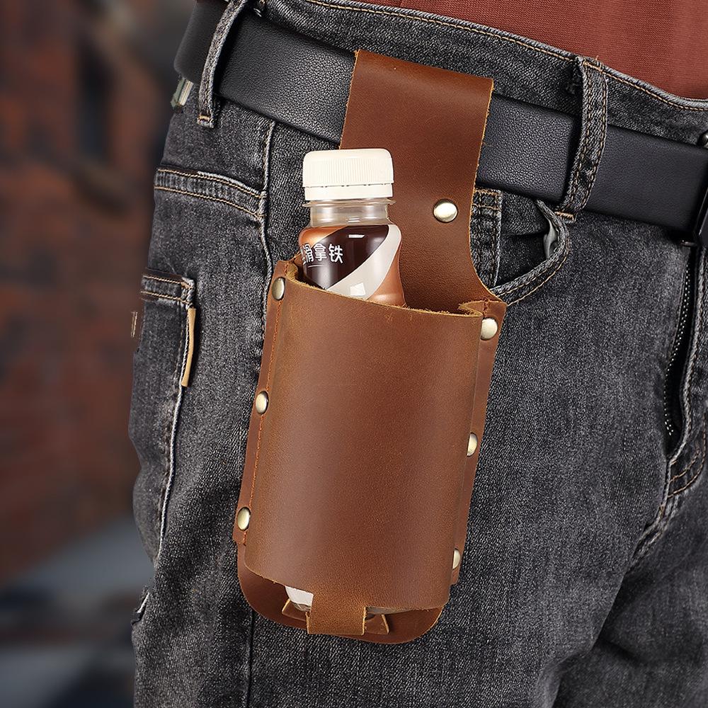 Head Layer Cowhide Outdoor Camping Hiking Portable Waist Hanging Leather Beer Bottle Cup Cover Creative Mineral Water Waist Hanging Bag