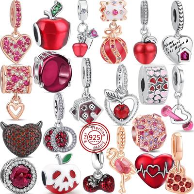 Nuovo stile rosso cuore mela pavé scintillante zircone perline adatto originale ciondoli braccialetto S925 argento massiccio gioielli da donna