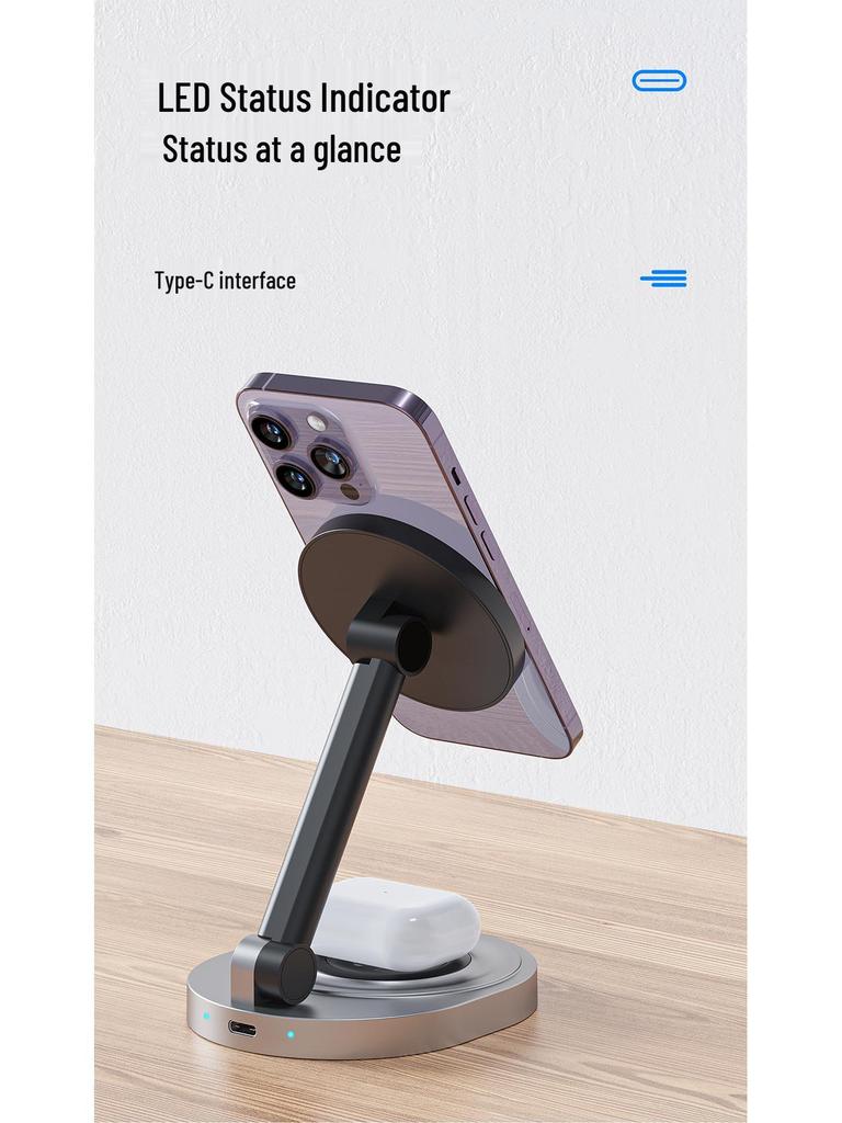 Adjustable 3-in-1 Foldable Magnetic Wireless Charger for iPhone, Apple Watch, and Earphones.