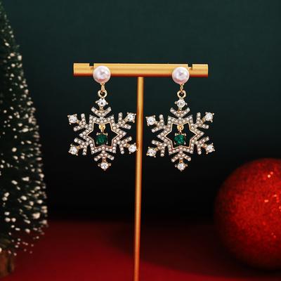 Boucles d'oreilles Flocon de neige de rêve Zircon Diamant Perle de Noël, Luxe Léger Haute Sensibilité Super Scintillantes Boucles d'oreilles Robe Douce Femme