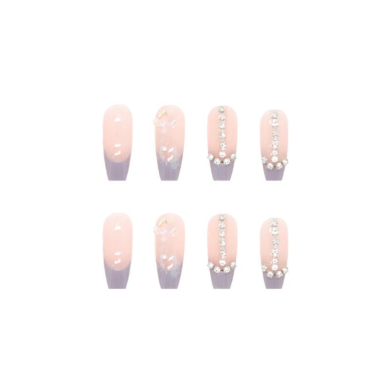 Artificial Nails Taro Milk Wear Nails Blue French Crystal Butterfly with Diamonds Ice Transparent Nail Art Long False Nails